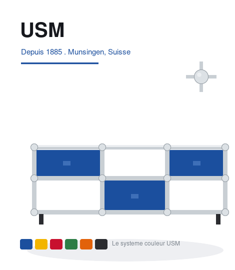 Buffet USM Haller bleu gentiane sur grille de tubes chromés à rotules — le système modulaire suisse