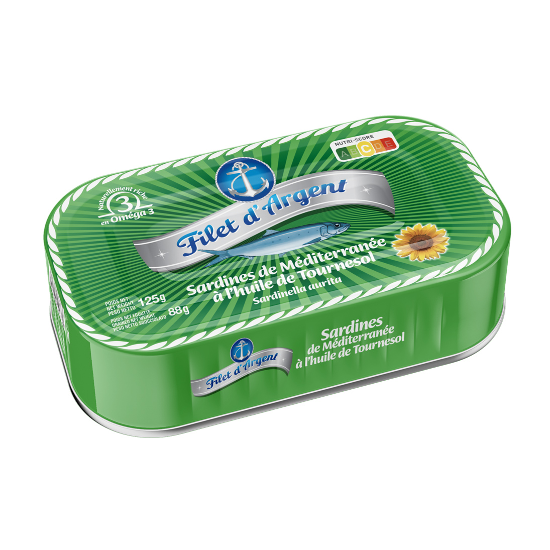 Sardines de méditerranée Filet d’argent à l’huile de Tournesol 125 g