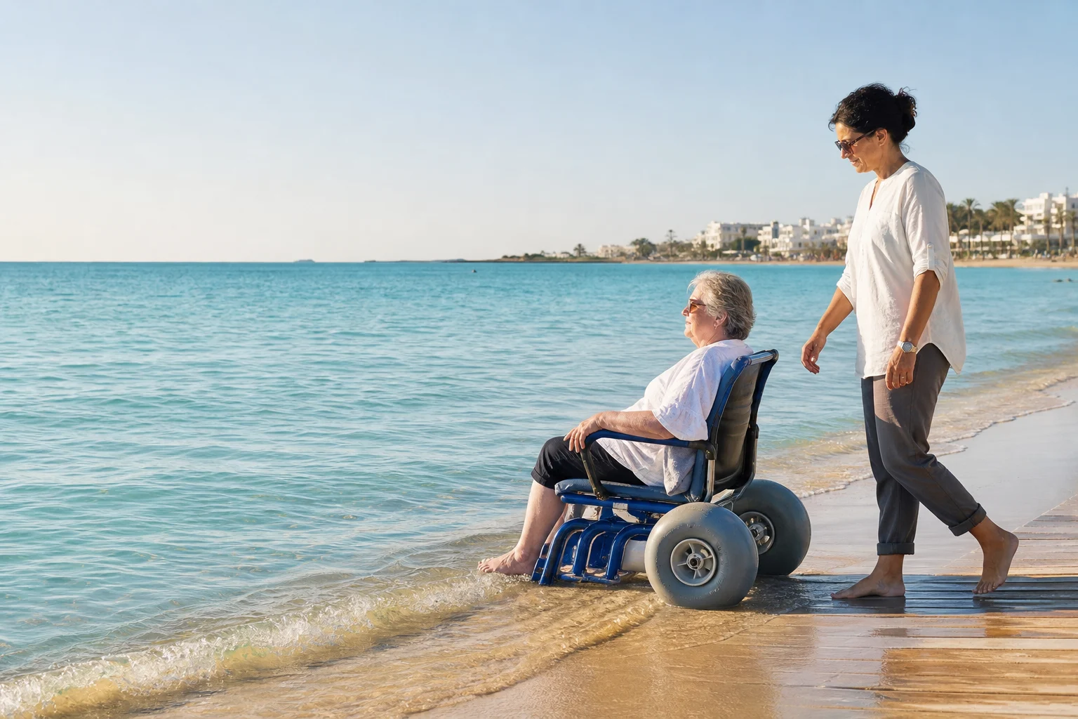Personne à mobilité réduite profitant du bord de mer dans un fauteuil de plage amphibie